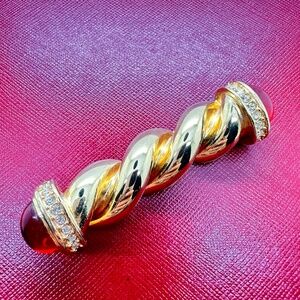 Vintage Gold Tone Twisted Chunky Bar Pin Red Cabochons Statement Brooch Scepter